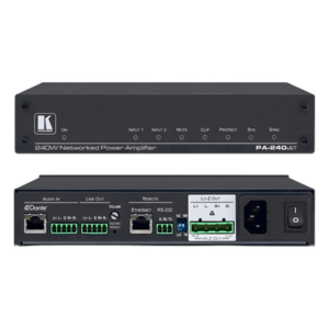 KRAMER PA-240NET – Amplificador de Potencia / 240W / Dante Integrado / Hi-Z 70V/100V y Lo-Z 4Ω/8Ω / DSP 32 bits 96 kHz / Control RS-232 e IP