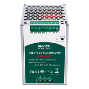 EPCOM POWERLINE SDR4808BK – Fuente de Alimentación Industrial DIN Riel / 480 W / Salida 48 VCC 10 A / Eficiencia ≥93% / Carga de Batería / -20°C a 70°C