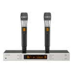 HIKVISION DS-QAPMKHC2-2U – Sistema de Micrófono Inalámbrico UHF / 2 Canales / 2 Micrófonos de Mano / Frecuencia 821-942 MHz / Alcance 100 m (328 ft) / True Diversity / Sincronización Infrarroja / Salida XLR Balanceada y 6.35 mm