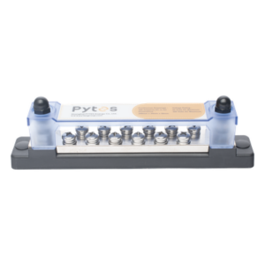 PYTES BUSBAR300A – Bloque de Terminales / 12+2 Líneas / 300 A / 52 VDC o 300 VAC / Cobre Estañado 8x25 mm / Cubierta Policarbonato