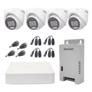 HIKVISION KH1080P4ESFH – Kit de Videovigilancia TurboHD / DVR 4 Canales / 4 Cámaras Eyeball 2 Megapixel / Audio por Coaxitron / Luz Dual 20 m (65.6 ft) Blanca + 30 m (98.4 ft) IR / IP67 / Fuente de Poder Seleccionable