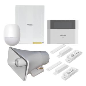 HIKVISION DS-PHA64-LP/PACK(30W) – Kit Panel de Alarma Híbrido / 64 Zonas Cableadas e Inalámbricas / Teclado LCD con Lector de Tags / Sirena 120 dB IP65 / PIR 18 m Inmunidad Mascotas 10 kg