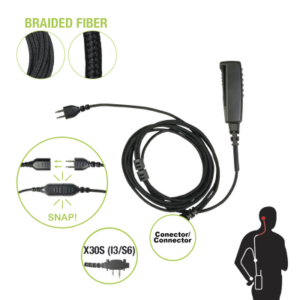 PRYME SNP-2W-30S-BF – Cable para Micrófono Audífono / Conector Snap Intercambiable / 2 Pines Icom / Cable Trenzado de Fibra / Clip Metálico con PTT 360°