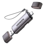UGREEN 50706 – Lector de Tarjetas / USB-C 3.1 + USB-A 3.0 / 5 Gbps / Dual Ranura SD/MicroSD / Lectura Simultánea / Aluminio / OTG
