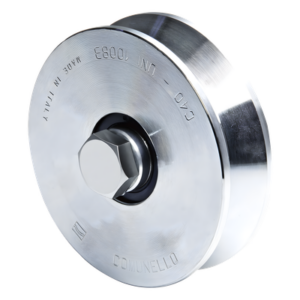 COMUNELLO 1150-2040-001 – Rueda de Acero para Puerta Corrediza / Canal V / Carga 425 kgf / Diámetro 100 mm (3.9 in) / Cojinete Doble / Fijación M14