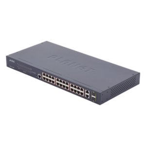 PLANET FGSW-2624HPS – Switch administrable PoE+ / 24 puertos 10/100TX / 2 puertos combo Gigabit TP/SFP / 220W / 6,54 Mpps / 0-50°C / 1,44 x 0,98 x 0,15 pies