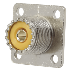 RF INDUSTRIES,LTD RFU-521 – Conector UHF Hembra (SO-239), para Montaje en Chasis con 4 perforaciones a 18 mm, Terminal Soldable, Níquel/ Plata/ Delrin.