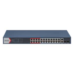 HIKVISION DS3E1326PEI(B) – Switch PoE+ Administrable / 24 Puertos 10/100 Mbps / 2 Puertos Gigabit Combo / 370 W / Alcance Extendido 300 m (984.3 ft) / Protección 6 kV