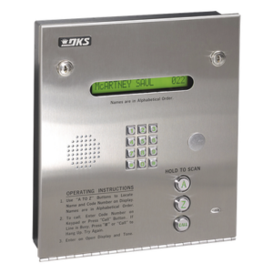 DKS DOORKING 1834-084 – Portero electrónico / Directorio A-Z-Call / Pantalla LCD 1 línea / 3000 números y códigos / Control 2 puertas / Acero inoxidable 12' x 3.25'