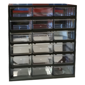 J18 – Gabinete con Marco Color Negro y 18 Compartimentos de Polipropileno Translucido