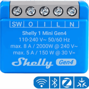 SHELLY SHELLY1MINIGEN4 – Mini Interruptor Inteligente / Wi-Fi 2.4, Zigbee, Bluetooth, Matter / 1 Canal 8A / 110-240V AC / Contacto Seco / 29x35x16 mm (1.14x1.38x0.63 in)