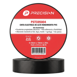 PRECISION PST-C050-04 – Cinta Aislante Eléctrica / PVC Alto Rendimiento / 600 V / 19 mm (0.75 in) / 20 m (65.6 ft) / Ignífuga / Negro