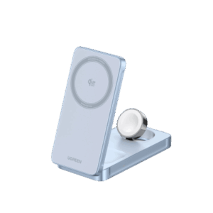 UGREEN 65901 – Cargador Inalámbrico Magnético 3-en-1 / 15W Máx / Carga Simultánea Teléfono-Reloj-Auriculares / Soporte Ajustable / Qi / Entrada 12V