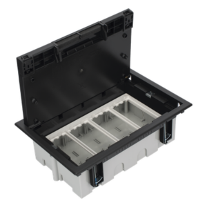 SIMON SM-CPF-4 – Caja de Piso Falso / 4 Módulos Dobles / Profundidad Ajustable 90-120 mm (3.54-4.72 in) / IK08 / +125 °C / Tapa Embellecedora
