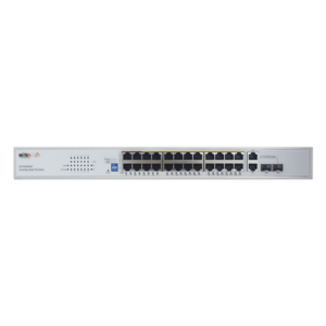 WI-TEK WI-PCES226GF – Switch PoE / 24 Puertos 10/100 Mbps + 2 SFP Gigabit Combo / Alcance 250 m (820.2 ft) / 280 W / No Administrable / Protección 6 kV
