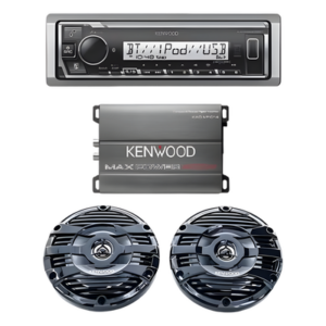 JVC  KENWOOD KEA4/1653MRB – Kit de estéreo marino con Bluetooth / Amplificador Clase D 400W / Bocinas resistentes al agua 50W RMS / Pantalla 255 segmentos