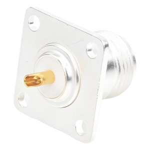 RF INDUSTRIES,LTD RFN-1021 – Conector RF N Hembra / Montaje Frontal en Panel / 4 Perforaciones 18 mm / Cuerpo Bronce Plateado / Contacto Oro / Aislante Teflón