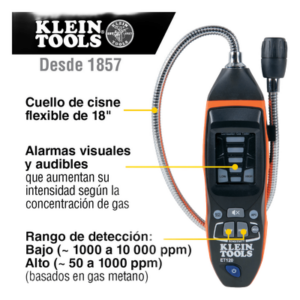KLEIN TOOLS ET-120 – Detector de Fugas de Gas Combustible / 50-10,000 ppm / Sensor Electroquímico / Cuello Flexible 18'' (1.5 ft) / Alarma 85 dB