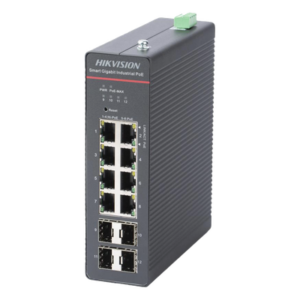 HIKVISION DS-3T1512HP-SI-8P4F – Switch Industrial Administrable PoE+ / 8 Puertos Gigabit PoE+ (4x90W + 4x30W) / 4 Puertos SFP / 300W Total / 300 m Alcance / -40°C a 75°C / 984 pies de Distancia