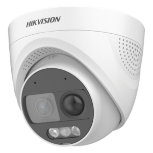 HIKVISION DS-2CE72DF3T-PIRXOS – Cámara Turret TURBOHD / 2 Megapixel 1080p / Imagen a Color 24/7 / Luz Blanca 20 m (65.6 ft) / Sensor PIR 110° / Sirena 93.5 dB / Estrobo Rojo-Azul / IP67 / WDR 130 dB / Micrófono Integrado
