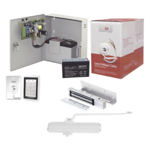 SYSCOM ACCESSKIT11P – Sistema de Control de Acceso / Teclado Antivandálico con Lector / Chapa Magnética 600 lb (272 kg) / Cierrapuerta 40-65 kg / Fuente 12VCC 3A con Batería de Respaldo