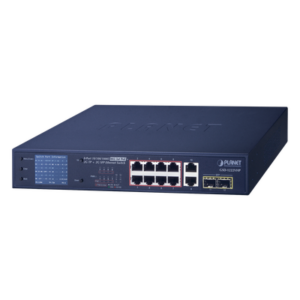 PLANET GSD-1222VHP – Switch PoE No Administrable / 8 Puertos Gigabit RJ45 / 2 Uplink Gigabit / 2 SFP / PoE 802.3af/at 32W / Presupuesto 120W / Extender 250 m (820 ft) / Pantalla LCD