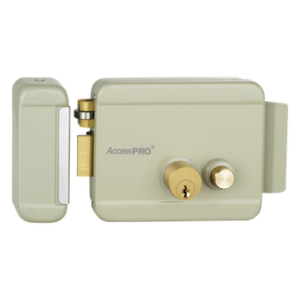 ACCESSPRO ACCESSRIMBL – Cerradura Eléctrica con Botón de Salida / Doble Cerrojo / 12 VCA 2.5 A / Pulsos de 2 Seg / Exterior Izquierda