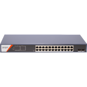 HIKVISION DS-3E1526P-SI-24P2F – Switch PoE+ Administrable / 24 Puertos Gigabit / 2 Puertos SFP / PoE Extendido 250 m (820.2 ft) / 370 W / Tasa de Reenvío 36.688 Mpps