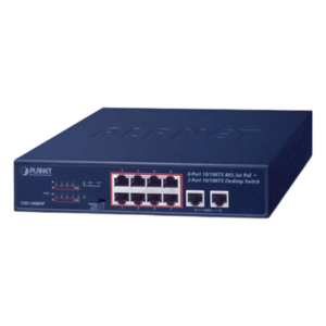 PLANET FSD-1008HP – Switch de Escritorio / 8 Puertos 10/100TX PoE+ / 2 Puertos 10/100TX / 120W PoE Budget / Alcance Extendido 250m (820 pies)