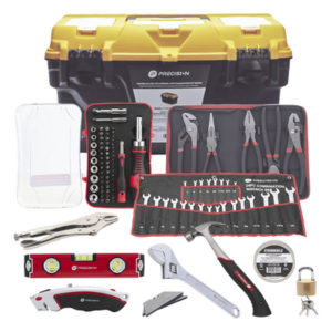 PRECISION TOOL-SET-004 – Juego de Herramientas Multitareas / Caja 44x26x23 cm / 24 Llaves Combinadas / Martillo 16 oz / 65 Puntas Intercambiables