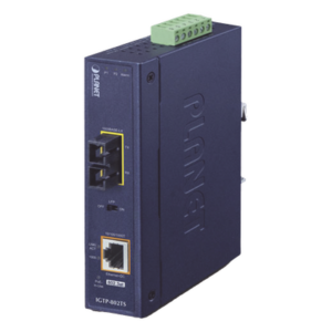 PLANET IGTP-802TS – Convertidor de Medios Industrial PoE+ / 1000BASE-LX a 10/100/1000BASE-T / 802.3at / SC Monomodo / 20 km / -40 a 75 °C / IP30 DIN