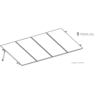BASEL KITBASEL1X9 – Estructura de Montaje Fotovoltaico / Losa Plana / Configuración 1x3 / Viento 170 km/h / Inclinación 10° / Rieles E-O 3.55 m (11.65 ft) / Rieles N-S 2.14 m (7.02 ft) / Altura 0.52 m (1.71 ft) / Área 10 m² / Módulos 645