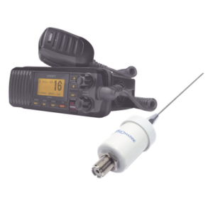 UNIDEN UM-385BK/KIT1600 – Kit de radio marina con antena de fibra de vidrio / 25W / GPS integrado / IPX4 / Cable 4.5 m (14.8 ft)