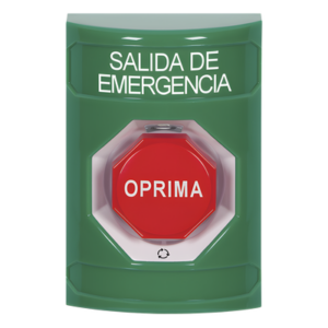 STI SS2109EX-ES – Botón de Salida de Emergencia / Texto en Español / Acción Mantenida / LED de Iluminación / Cubierta Transparente / UL cUL ADA
