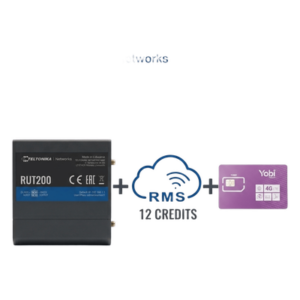 TELTONIKA RUT200+1YRMS+1GBYOBI – Router Industrial 4G LTE / Cat 4 150 Mbps / Wi-Fi 2.4 GHz / Operación -40°C a 75°C / Gestión RMS / Kit IoT con Datos Anuales