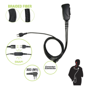 PRYME SNP-1W-03-BF – Micrófono de solapa / Cable fibra trenzada anti-enredos / Conector SNAP 2 pines Motorola / Clip metal 360°