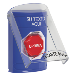 STI SS2-422-ZA-ES – Botón de emergencia con tapa protectora / Restablecimiento con llave / Texto personalizable 2 líneas / LED opcional R/G/B / Montaje en superficie
