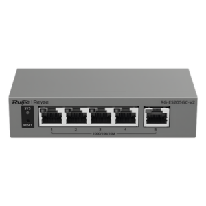 RUIJIE RG-ES205GC-V2 – Switch Capa 2 Gestionado en la Nube / 5 Puertos Gigabit / Switching 10 Gbps / Forwarding 7.44 Mpps / Diseño sin Ventilador / Protección 6 kV / Modo CCTV de un Clic / 32 VLANs / Gabinete Metálico / Ruijie Cloud