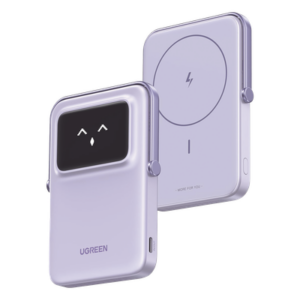 UGREEN 35606 – Power Bank Inalambrico | 5000mAh | 7.5W | Con Emojis de Estado | Carga Rápida USB-C Bidireccional | Pantalla TFT Inteligente | 13 niveles de Proteccion | Con Holder | Color Purple.