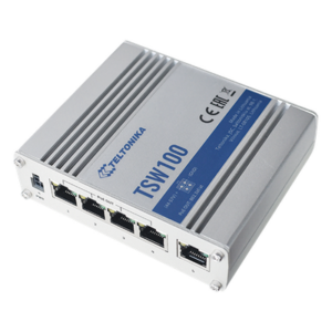TELTONIKA TSW100 – Switch Industrial No-Administrable / 5 Puertos Gigabit / 4 Puertos PoE+ 802.3af/at / 120W Total / -40°C a 75°C / Riel DIN / 115x32x95 mm (4.5x1.3x3.7 in)