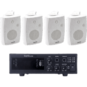 EPCOM PROAUDIO EPB120E/4WSW – Kit de Amplificador de 120W para Escritorio / 4 Altavoces de Pared 2.5W - 20W / Sistema 70/100V / Bluetooth / USB / FM / XLR con Phantom 48V