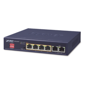 PLANET GSD-604HP – Switch PoE+ / 4 Puertos Gigabit 802.3at / 2 Puertos Uplink / 65W Total / 820 pies Extensión