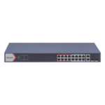 HIKVISION DS-3E1318P-EI(B) – Switch PoE+ / 16 Puertos 10/100 Mbps / 2 Puertos Gigabit Uplink / 2 Puertos SFP / Alcance Extendido 300 m (984.2 ft) / 230 W / Gestión Cloud