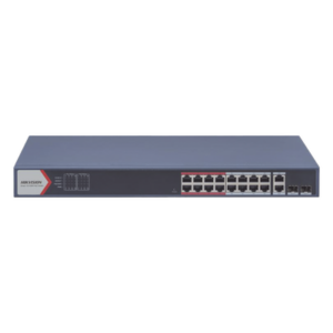 HIKVISION DS-3E1318P-EI(B) – Switch PoE+ / 16 Puertos 10/100 Mbps / 2 Puertos Gigabit Uplink / 2 Puertos SFP / Alcance Extendido 300 m (984.2 ft) / 230 W / Gestión Cloud