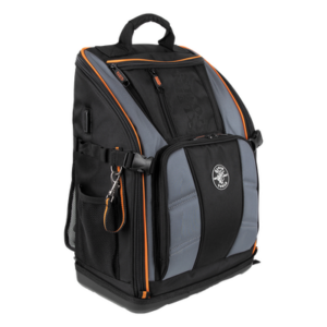 KLEIN TOOLS 62482 – Mochila Profesional para Herramientas / 27 Bolsillos / Base Moldeada Ancha / Interior Naranja / Puerto USB-C / Acceso Estación de Trabajo