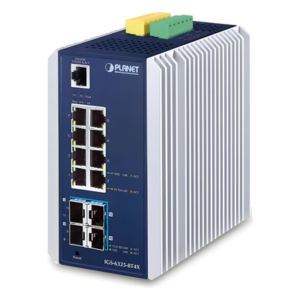 PLANET IGS-6325-8T4X – Switch Ethernet Gestionado Capa 3 Industrial DIN-rail / 8 Puertos RJ45 Gigabit / 4 Puertos SFP+ 10G / Temp. -40 a 75°C / Protección ESD 6kV DC / Recuperación ERPS <10ms / 4K VLAN
