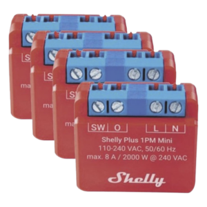SHELLY SHELLYPLUS1PMMINIK4 – KIT 4 piezas Mini Interruptor inteligente con Wi-Fi, medición de consumo, 1 canal 8A, compatible con asistentes de voz Alexa y GoogleHome