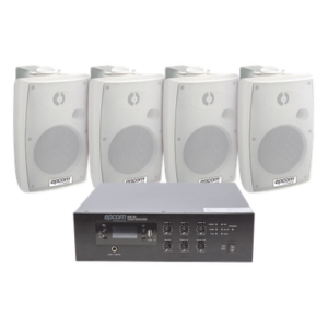 EPCOM PROAUDIO SFB120/4WSW – Kit Amplificador 100V / 120W RMS / 4 Altavoces Pared 2.5-20W / Bluetooth MP3 Tuner USB / Sistema Voceo 70/100V