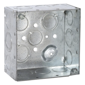 RACO HUB-232 – Caja Cuadrada Galvanizada / 4 x 4 in / Profundidad 2.125 in / Capacidad 30.3 in³ / 12 Knockouts / Resistente al Fuego