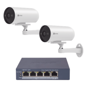 EZVIZ CS-H5/3MP/POE/KS2 – Kit de Videovigilancia PoE / 2 Cámaras IP 3 Megapixel / Switch 4 Puertos PoE+ Gigabit / Visión Nocturna a Color / IP67 / Audio Bidireccional / Luz y Sirena